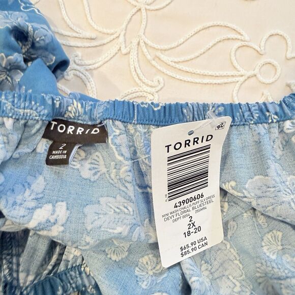 Torrid Blue Floral Mini Dress Puff Sleeve Smocked Fit & Flare Plus Size 2X Flowy - Picture 7 of 10